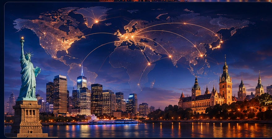 Illuminated global connections between the United States and Europe, representing Imagem Corp cross-border relationships
